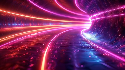 Abstract background with neon light rings in purple and blue colors on a black background, glowing circular lines in a futuristic digital design element for a banner or poster. Generative AI