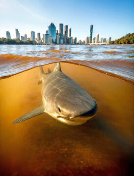 Bull shark in the city. Bull shark swims in the murky Brisbane River frontal closeup