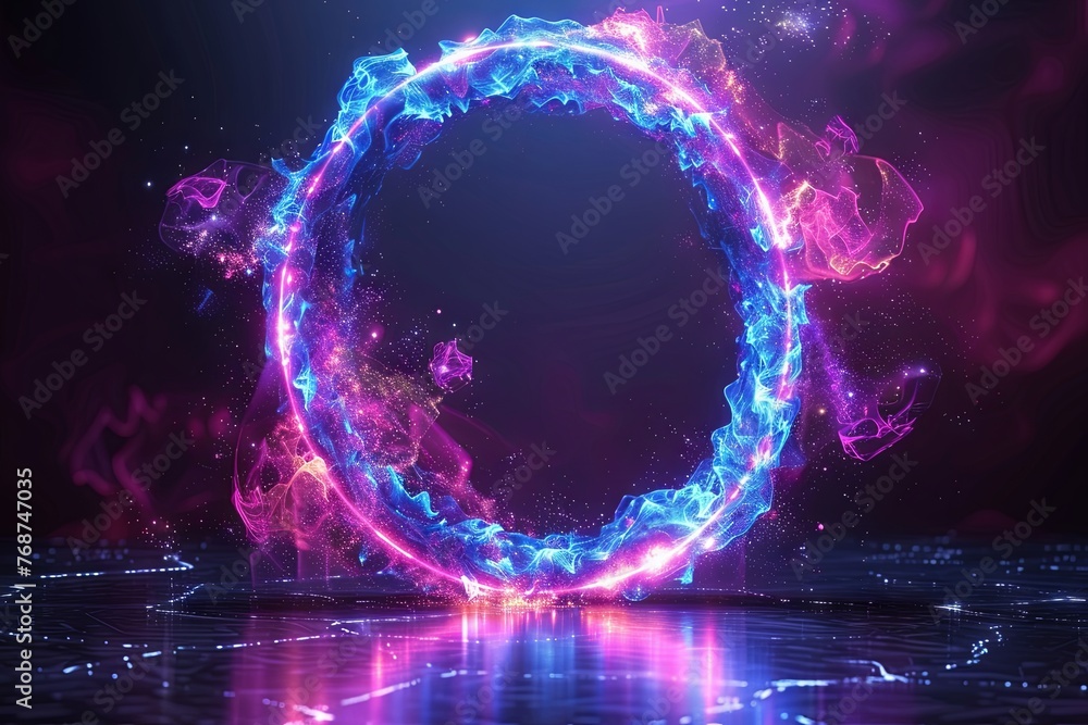 Poster abstract blue and purple glowing ring frame on a black background illustration design with space for