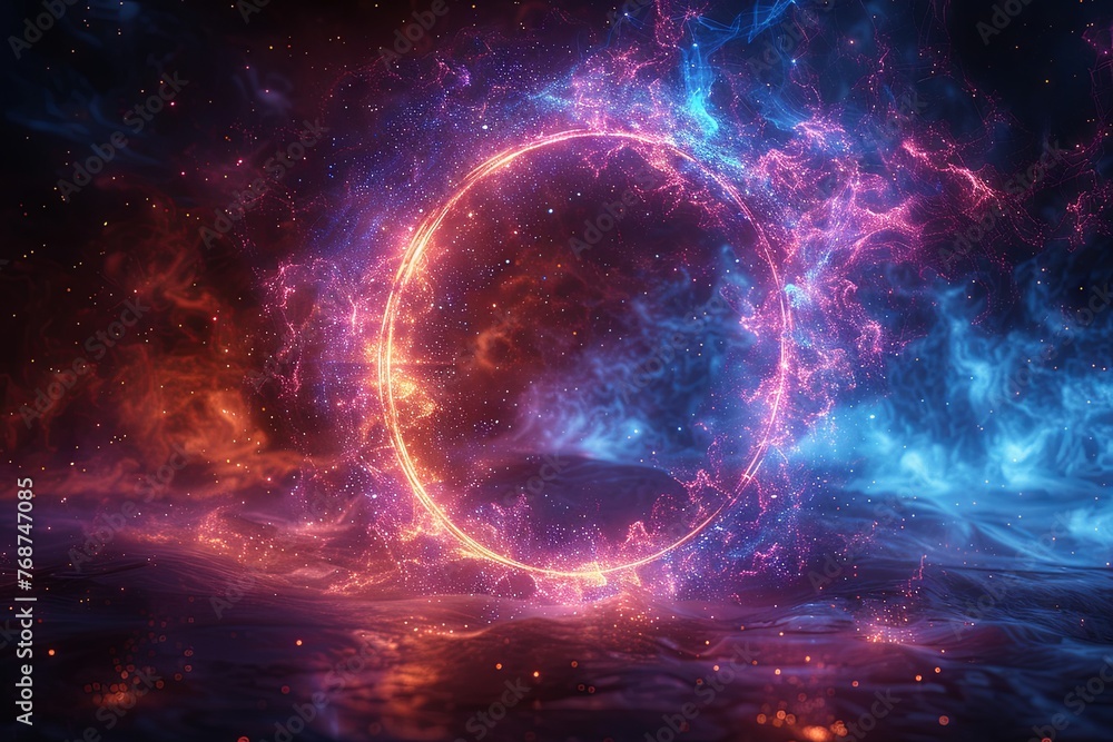 Poster abstract blue and purple glowing ring frame on a black background illustration design with space for
