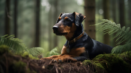 Forest Predator, A Jagdterrier in Dense European Forests. Generated AI - obrazy, fototapety, plakaty