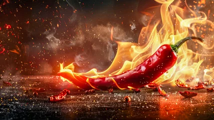 Fotobehang A fiery depiction of a chili pepper engulfed in flames showcasing the intense heat and spicy flavor associated with hot peppers © Radomir Jovanovic