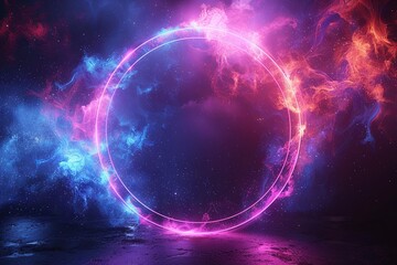 Abstract blue and purple glowing ring frame on a black background illustration design with space for text, 3D rendering effect. Magic circle logo or banner template in the style of science concept. Ge