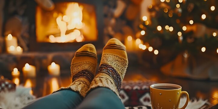 Closeup of feet in cozy socks by a Christmas fireplace with a cup of hot drink. Concept Cozy Winter Vibes, Festive Fireplace, Hot Drink Delight, Holiday Home Comfort, Socks and Cocoa