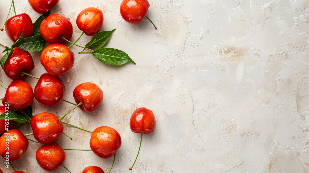 Canvas Prints Juicy red cherries scattered on a creamy marble.