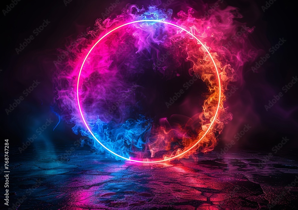 Poster abstract blue and purple glowing ring frame on a black background illustration design with space for