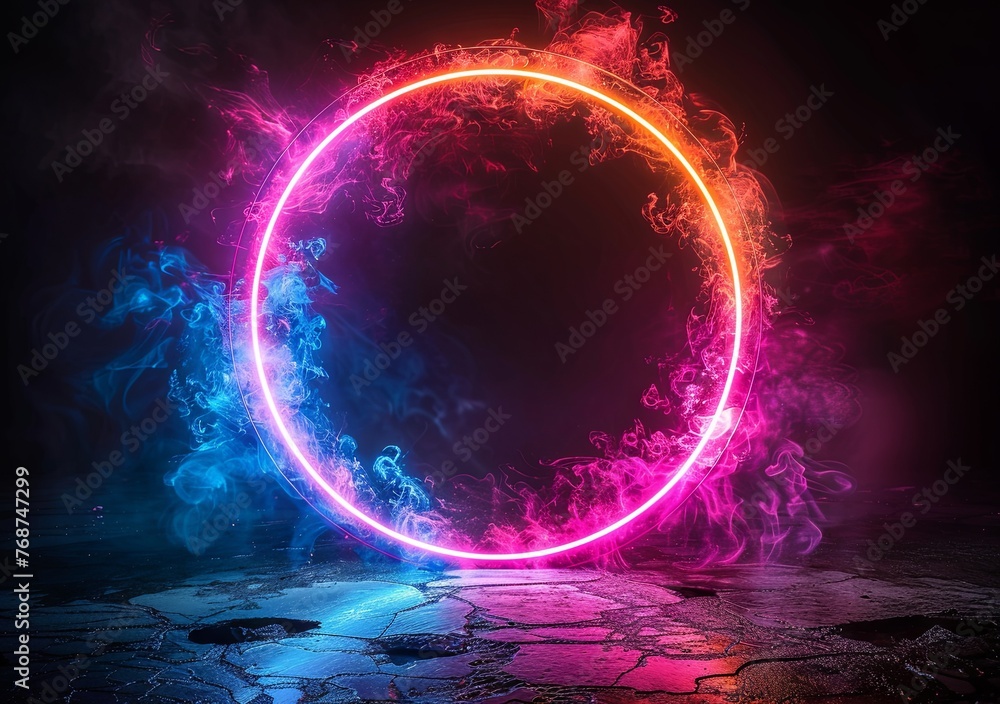 Poster abstract blue and purple glowing ring frame on a black background illustration design with space for