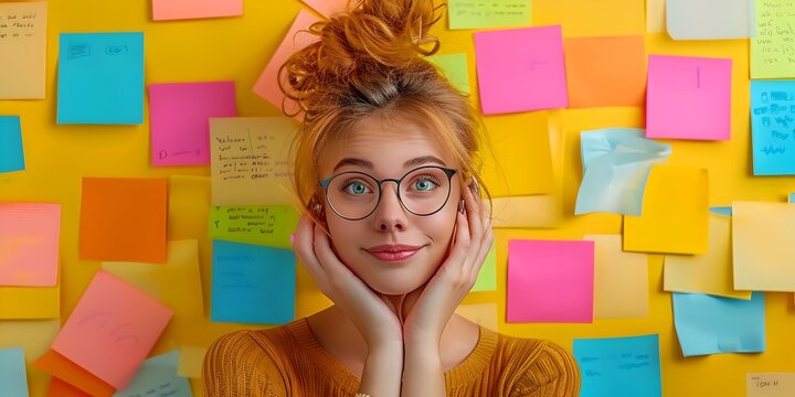 Redheaded Businesswoman Brainstorming in a Vibrant Workspace with Sticky Notes