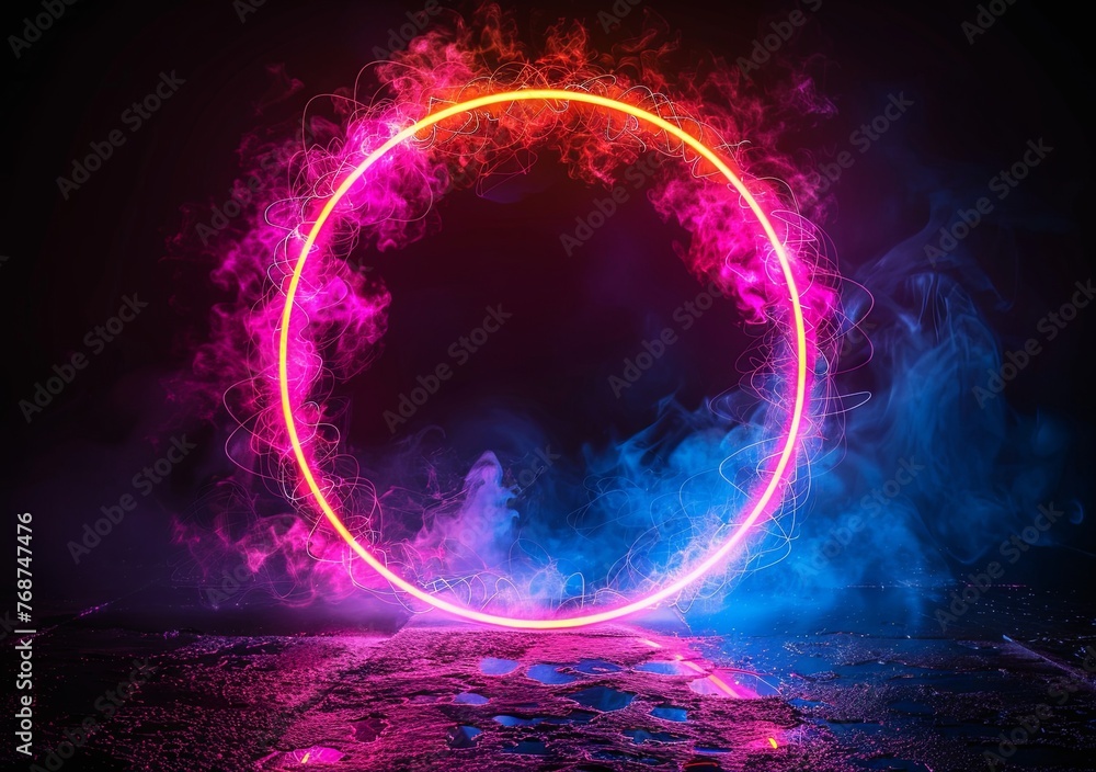 Poster abstract blue and purple glowing ring frame on a black background illustration design with space for