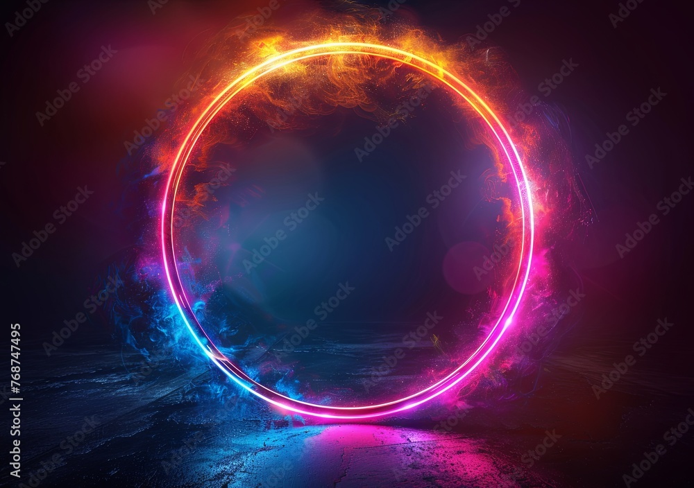Poster abstract blue and purple glowing ring frame on a black background illustration design with space for