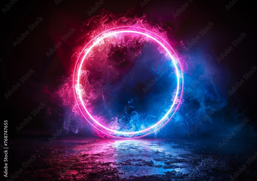 Poster abstract blue and purple glowing ring frame on a black background illustration design with space for