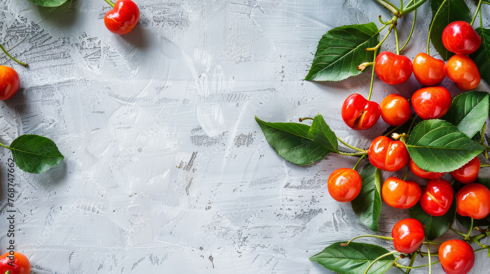 Canvas Prints Fresh acerola cherries on plain textured bright background with copy space for text. 