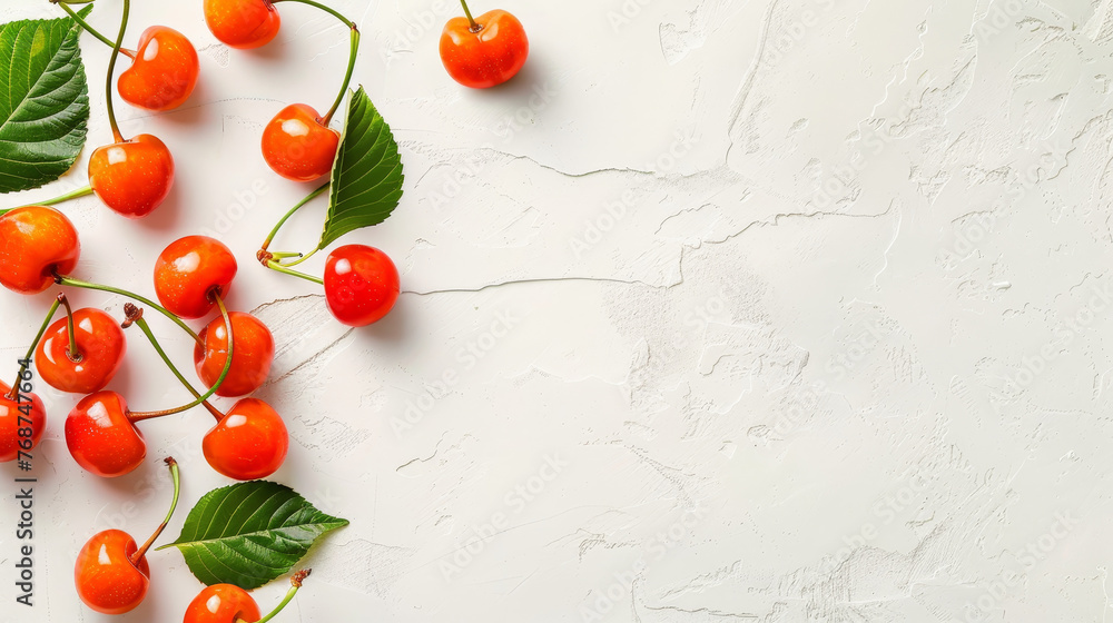 Canvas Prints Fresh acerola cherries on plain textured bright background with copy space for text. 