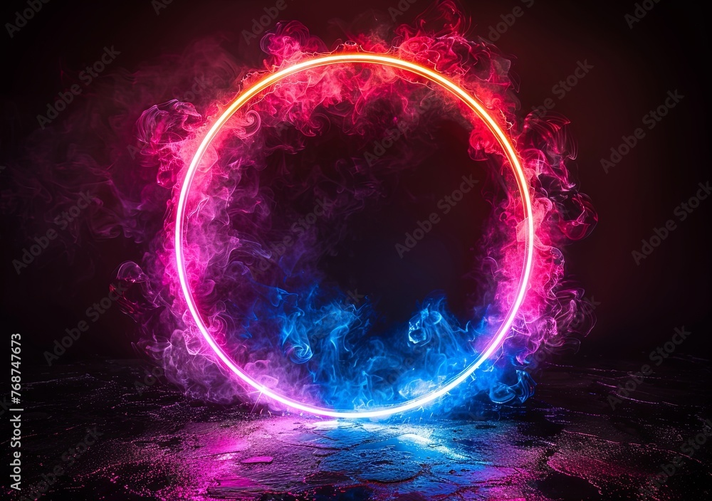 Poster abstract blue and purple glowing ring frame on a black background illustration design with space for