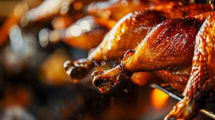 Close-up of a succulent roasted chicken showing moisture drops, perfect for food enthusiasts and culinary themes - obrazy, fototapety, plakaty