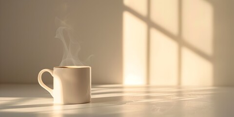 Steaming Coffee Mug in Crisp Morning Sunlight Awakening Joy on Minimalist White Background with Copy Space