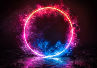 Abstract blue and purple glowing ring frame on a black background illustration design with space for text, 3D rendering effect. Magic circle logo or banner template in the style of science concept. Ge