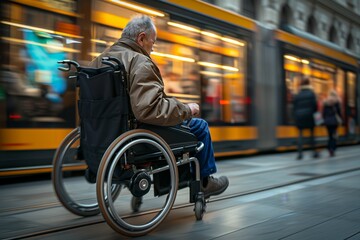 Obraz premium Man in Wheelchair on City Street
