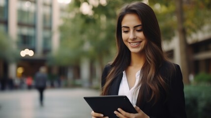 Business Woman Improving Employee Engagement through Workflow Management in the Corporate Workplace using a Tablet Generative AI