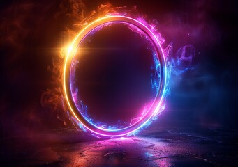 Abstract colorful circles and light effects form background, with a glowing neon line ring frame on a black isolated background leaving space for text . illustration in the style of 3d rendering. Gene