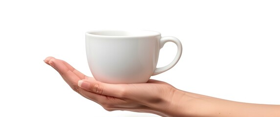 Hand Holding a Warm Coffee Cup on Pristine White Background with Ample Copy Space