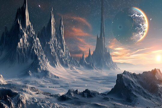 Majestic Alien Landscape with Towering Crystalline Spires and Ethereal Celestial Phenomenon