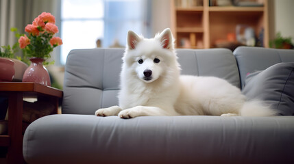 Quiet Companion, A Japanese Spitz in Family Apartments. Generated AI