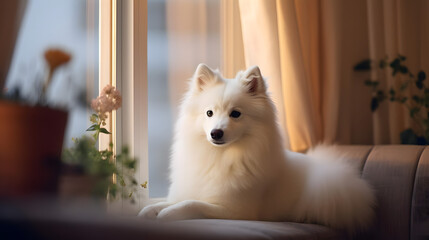 Quiet Companion, A Japanese Spitz in Family Apartments. Generated AI