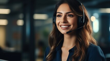Customer Service Representative Smiling at Call Center Job with Computer in Office Generative AI