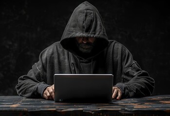 A hacker in a black hoodie sitting at a table with a laptop computer against a dark background. Soft studio lighting, with highly detailed, fine details in the style of stock photo quality photography