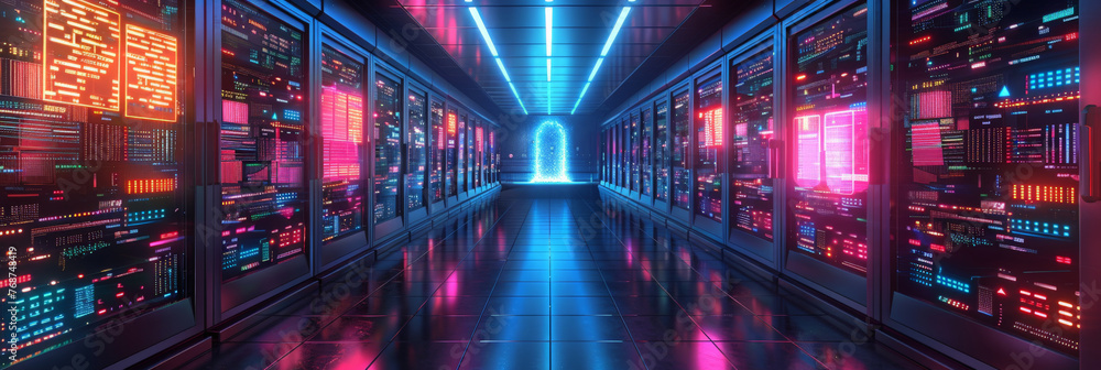 Poster a data center with rows of virtual machines, computer networking server room in office