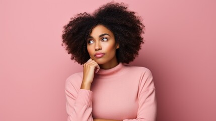 Fototapeta na wymiar A Black Woman Deep in Thought, Pondering Beauty Ideas in a Pastel Studio Generative AI