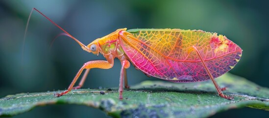 A close-up view of a tiny grasshopper perched on a white bloom, showcasing intricate details of the bugs body and the delicate flower.
