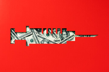 American dollar heap under red paper cutout vaccine icon