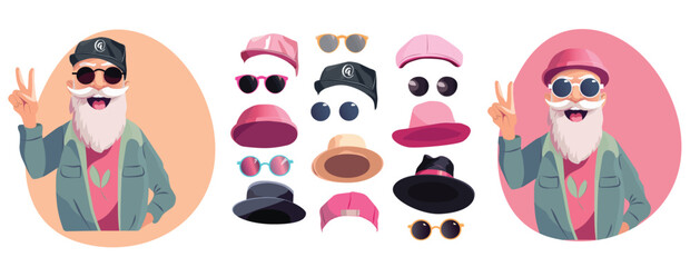 senior man in sunglasses and a baseball cap with set of different hats and sunglasses