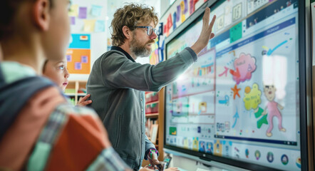A teacher is standing in front of the whiteboard, teaching students using interactive technology and AI tools to create educational visuals on a digital touch screen in the classroom