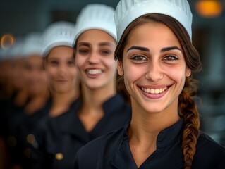 A group of women wearing chef hats and smiling - obrazy, fototapety, plakaty