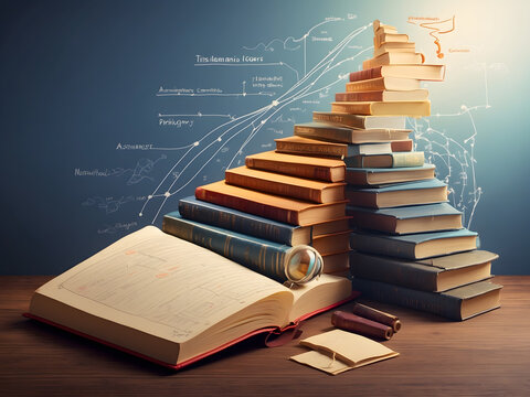An educational roadmap depicted by the book evolves into steps, each marked with vital resources, leading to academic triumph on a transparent backdrop design.