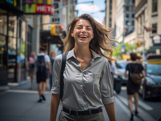 A woman is smiling and walking down a city street