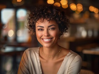 Obraz premium A woman with curly hair is smiling at the camera