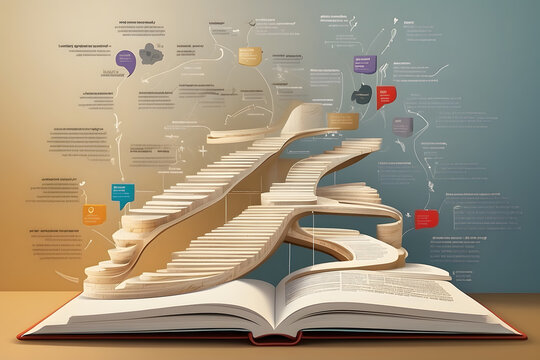 An educational roadmap depicted by the book evolves into steps, each marked with vital resources, leading to academic triumph on a transparent backdrop design.