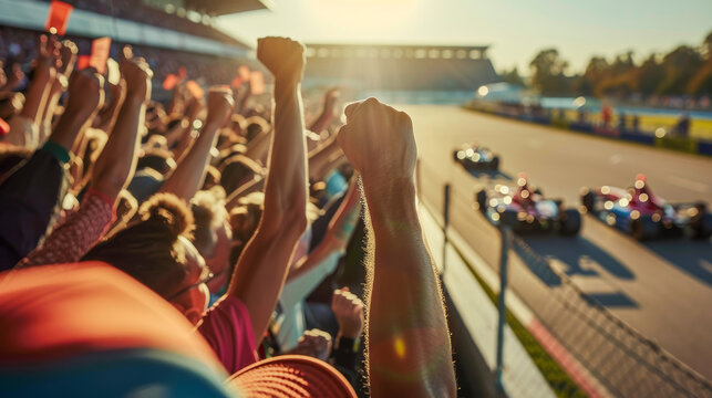 Excitement fills the air as a diverse crowd of fans cheer at an auto racing event, capturing the thrill of the sport