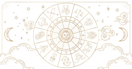 Astrology wheel with zodiac signs on star background. Realistic illustration of zodiac signs. Horoscope vector illustration © akn