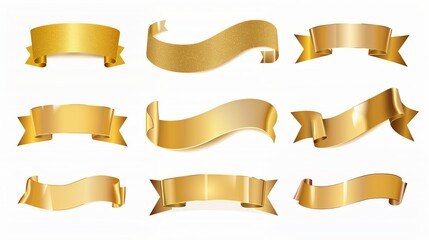 Set of gold banner label ribbons with white background. Generated by artificial intelligence.