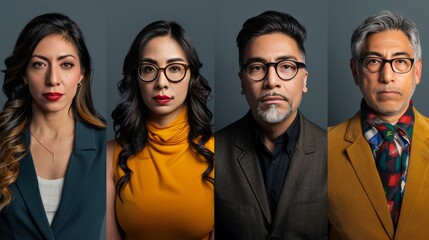 Four people wearing glasses and suits are standing in a row