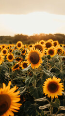 A scenic view as sunflowers fill the frame, reaching towards the setting sun's diminishing light