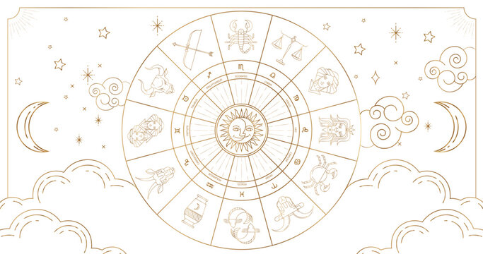 Astrology wheel with zodiac signs on star background. Realistic illustration of zodiac signs. Horoscope vector illustration