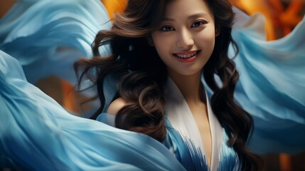 A woman with long dark hair is wearing a blue dress and smiling
