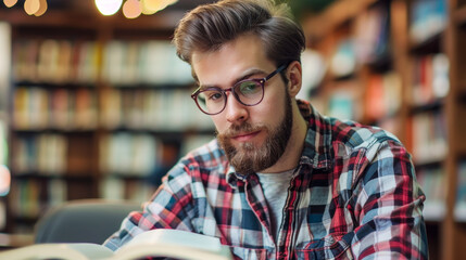 Obraz premium A focused young man in a red plaid shirt studying hard with a large text book in a calm library setting