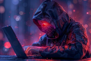 A hacker in a hoodie with a face mask using a laptop, in the style of cyber security concept on a dark blue background. A glowing digital hologram symbol of an online assault and preparing to meditate
